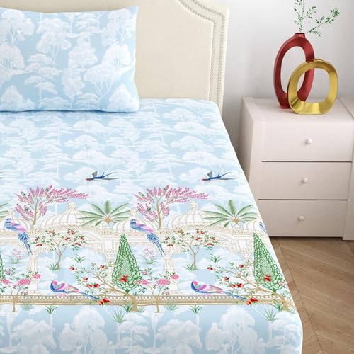 Image of Home Ecstasy 100% Cotton Single Bedsheet with 1 Pillow Cover - (Size 59 x 87 inches, 140 TC, Colour - Light Blue)