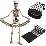 Cozypower 3 Pcs 12 ft Skeleton Christmas Accessories Outfit 44 Inch Giant Santa Hat and Scarf with Handheld Buffalo Plaid Merry Christmas Banner Xmas for 12 ft Skeleton Clothes (Black and White)