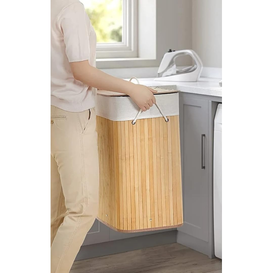 Cesto ropa sucia plegable de bambú Natural Rectangular 50x40x30cm