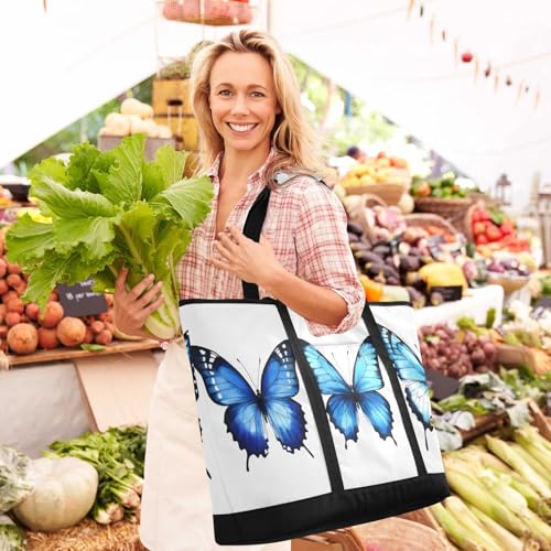 Large Insulated Tote Bag Three Blue Butterflies for Grocery Shopping Reusable Tote Bags for Women Men, Cooler Bag with Zippered Top & Handles for Beach Picnic Travel2