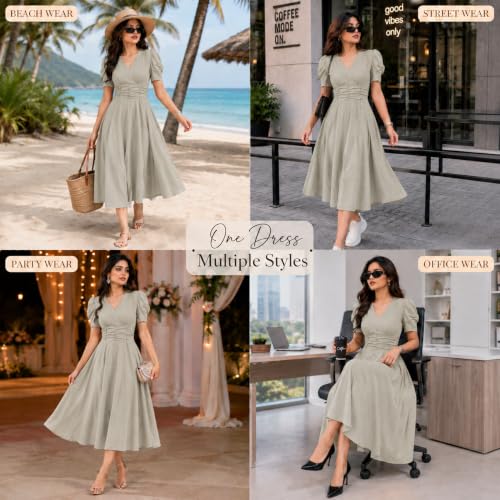 Image of Preneum Girl's & Women's Solid Color V-Neck A-Line Maxi Dress for Women | New Year Party Outfit | Waist Cinched Puff Sleeve Western | Elegant Casual Wear (Availble in Plus Size)