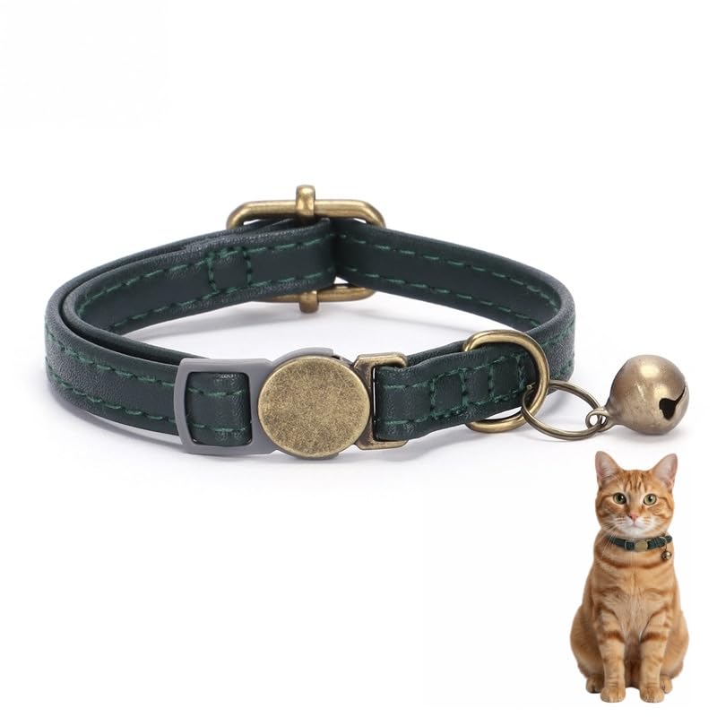 Collar de gato con campana, piel verde, ajustable de 15 a 35 cm, ligero** | Diseño ligero de 18 g, piel suave, sección elástica, campana incluida