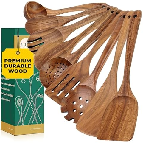 AIUHI Natural Teak Wood Kitchen Utensil Set, Handmade Wooden Spoons for Cooking, Smooth Finish Nonstick Spatula for Cooking, Durable & Heat Resistant (9PCS) Cover