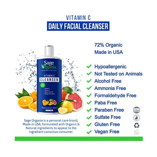 Sage-Organix-Anti-Aging-Vitamin-C-Face-Wash-72-Organic-Daily-Facial-Cleanser-to-Fade-Dark-Spots-Combat-Acne-Minimize-Pores-Reduce-Wrinkles-Ideal-for-Women-Men-Oily-Dry-Sensitive-Skin-6-oz Sage Organix Anti Aging Vitamin C Face Wash, 72% Organic Daily Facial Cleanser to Fade Dark Spots, Combat Acne, Minimize…