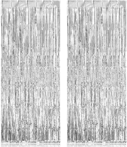 Image of 2 Pack Fringe Curtains Backdrops, Foil Fringe Curtains, Door Streamers for Birthday Wedding Bridal Shower Holiday Graduation Party Decorations, Photo Booth Backdrops, Silver