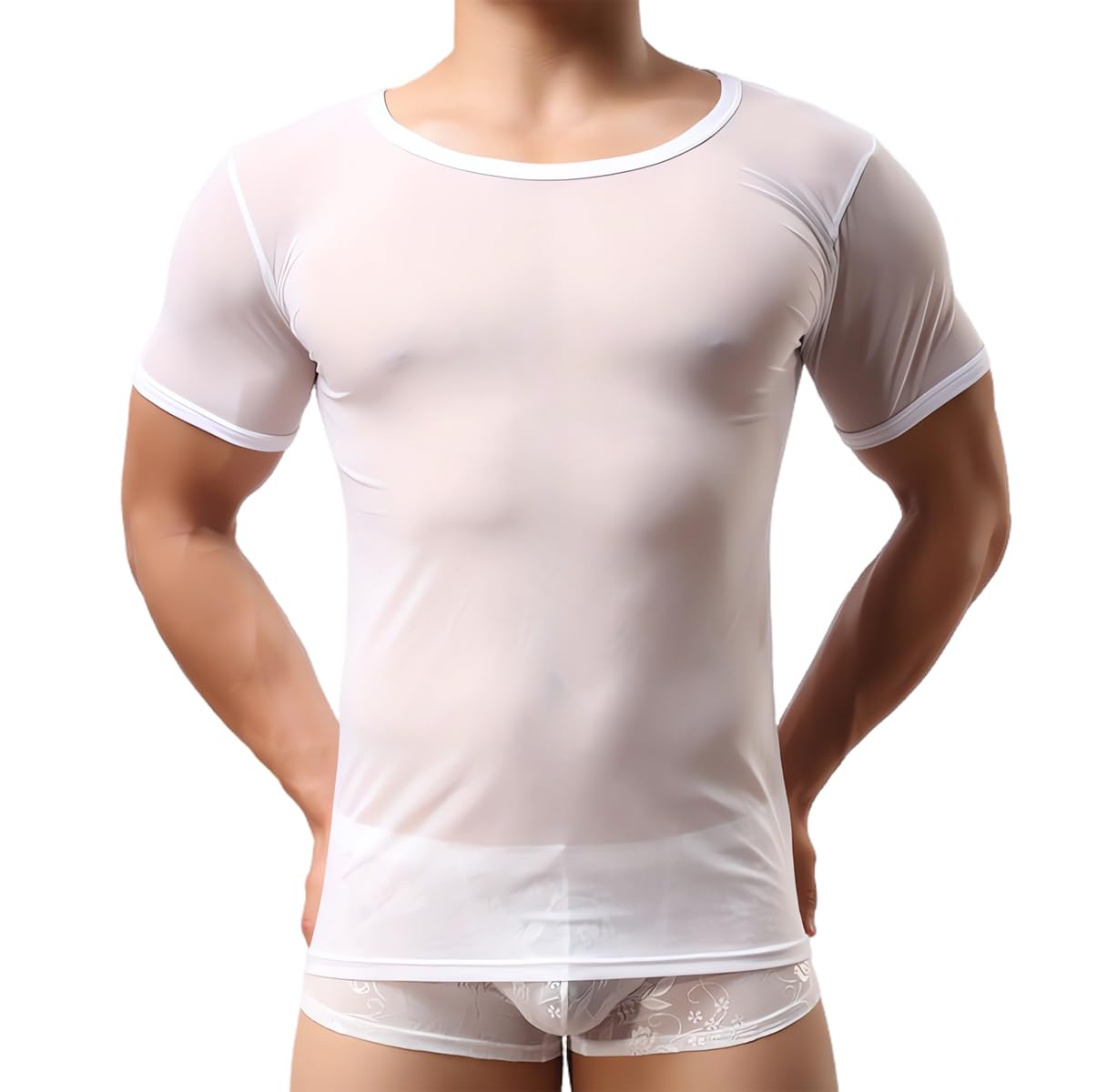 Samheng Men's White Mesh T-Shirt, Sexy See Through Short Sleeve Tank Top For Breathable Tight Quick Dry Undershirts For Workout, Crew Neck Mesh Crop Top Transparent T-Shirts For Party Rave Disco Clubwear