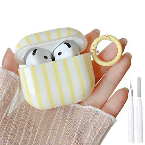 Image of MINSCOSE for AirPods 4 Case,Cute Striped Aesthetic Pattern Design with Girly Keychain Ring,Soft TPU Protective Shockproof Cover with Cleaner Kit for Girls Women for Airpods 4-Yellow