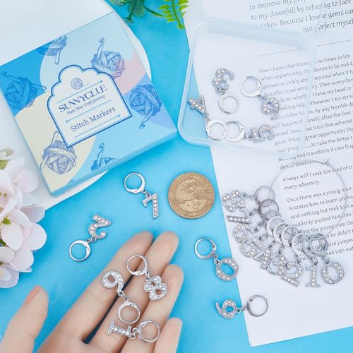 SUNNYCLUE 1 Box 20Pcs Stitch Markers Cute Rhinestone Number 1~9 Charms Numbers Stitch Markers Knitting Crochet Marker Removeable Clip On Stainless Steel Locking Leverback Clasps Charm for Weaving - Image 3