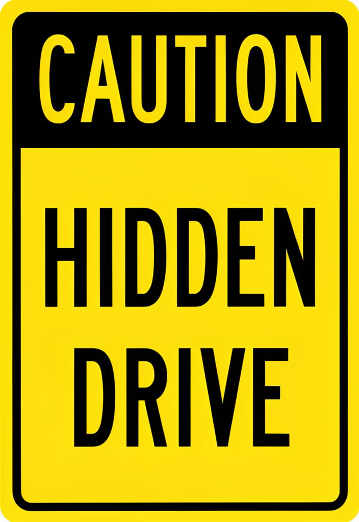 peiyeety Caution Hidden Drive Tin Sign 12x8 Inch, Yellow & Black Warning Metal Plaque, Bold Safety Notice Wall Decor for Garage Workshop Shed Office, Funny Novelty Gift Idea