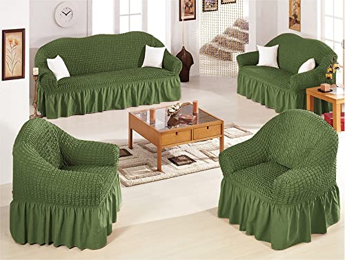 Image of House of Quirk Turkish Bubble Frill 280 GSM Sofa Slipcovers, Durable Washable Universal Triple Seater High Elastic Furniture Protector (Green, 185-230cm)