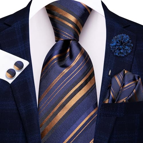 Image of Hi-Tie Men Silk Ties Set with Flower Lapel Pin Necktie Pocket Square Cufflinks for Tuxedo Wedding Business