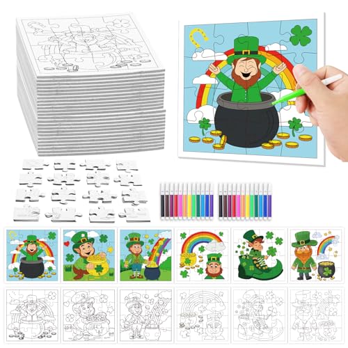 Fennoral 24 Pack St Patricks Day Craft Kit for Kids Color You Own St Patricks Day Jigsaw Puzzle DIY Coloring Art and Craft for Irish Classroom Art Activity Patricks Party Favor Supplies