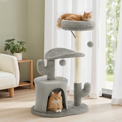 Image of Sweetcrispy 33 inch Cat Tree Tower for Indoor Cats, Small Cat Scratching Post with Curved Bed, Cat Tree with Cat Condo for Adult, Grey