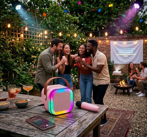 Image of MARVIC Portable Karaoke Bluetooth Speaker with Wireless Microphone Pink | MARVIC mini portable karaoke machine with wireless microphone vibrant RGB LED party lights and flexible carry handle