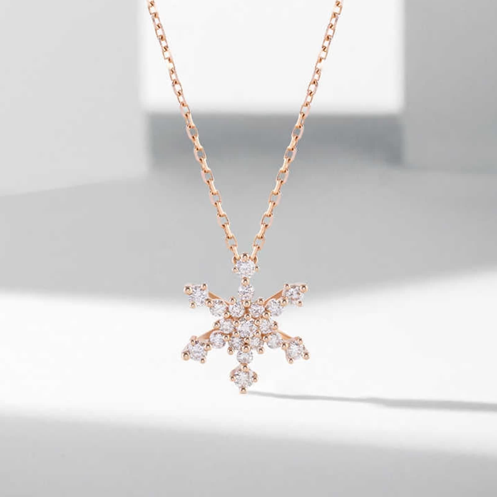 Collar con colgante para mujer, cadena de diamante, copo de nieve, oro rosa real de 9 K, 14 y 18 quilates