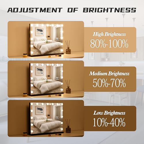 Image of Vanity Mirror with Lights Lighted Makeup Mirror with 15 Dimmable LED Bulbs,3 Color Lighting Modes,USB Charging Port Touch Control,Sturdy Metal Frame Design 22.8x18 Inch,Black