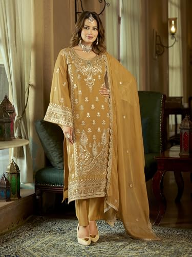 Image of INDO ERA Women's Organza Embroidered Sequinned Kurta & Pant with Dupatta Set | Women Kurta Sets With Dupatta Cotton