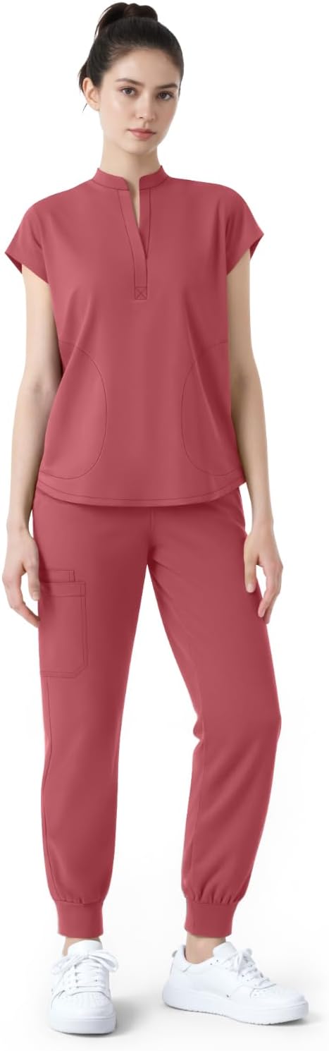 Sixriver Scrubs for Women Set,Soft Mock Collar Scrub Top & Jogger Scrub Pant,8 Pockets,Relaxed Fit Stretch Nurse Uniform Sets