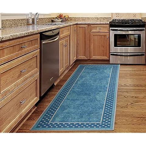 Ottomanson Minimalist Collection Kitchen Non-Slip Rubberback 2x5 Runner Rug, 20" x 59", Border Dots Blue Cover