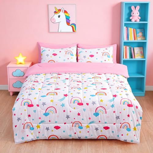 Image of Cartoon Bedding Set - Super Soft Microfiber Twin Size 5 Piece Pink Rainbow Butterfly Bed in a Bag, Comforter Set with Sheets, Pillowcase & Sham for Girls (5 Piece Twin Size)
