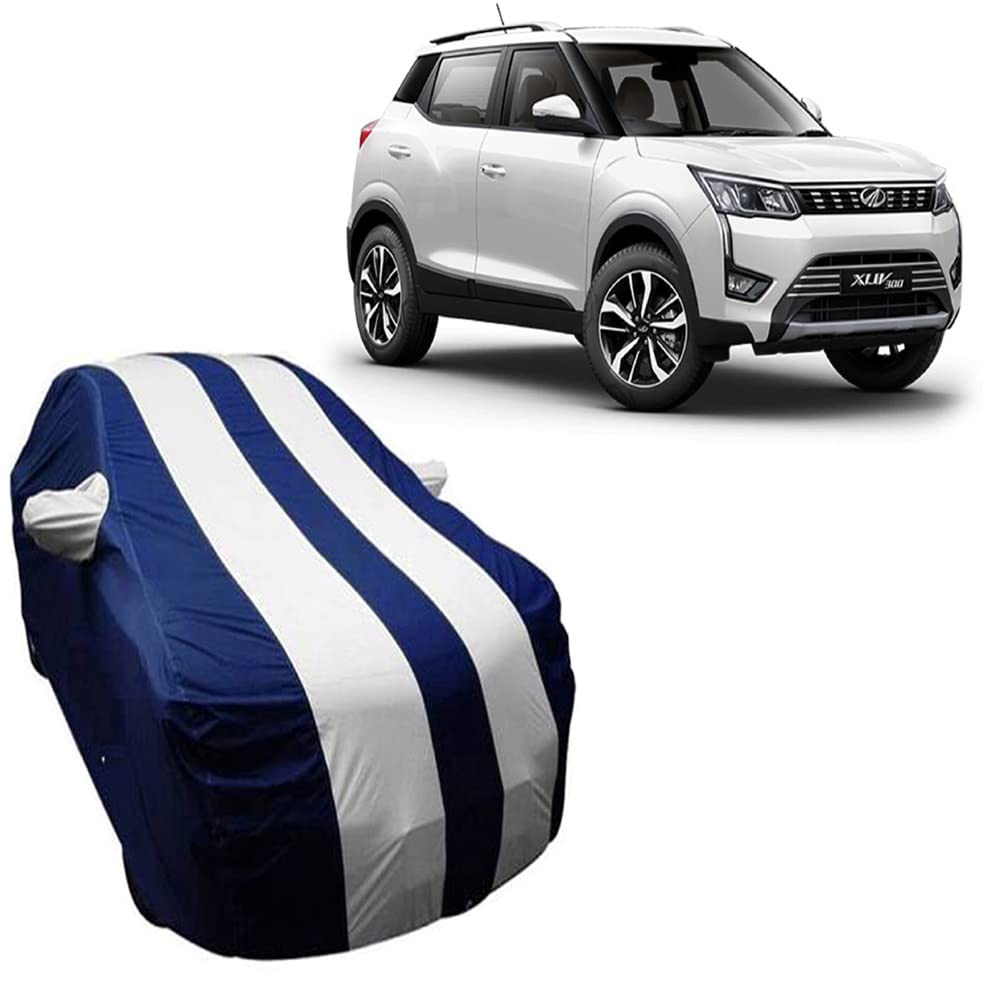 ABS AUTO TREND Stylish White Stripe Car Body Cover Made for Mahindra XUV 300 (with Mirror Pocket, Triple Stitch)