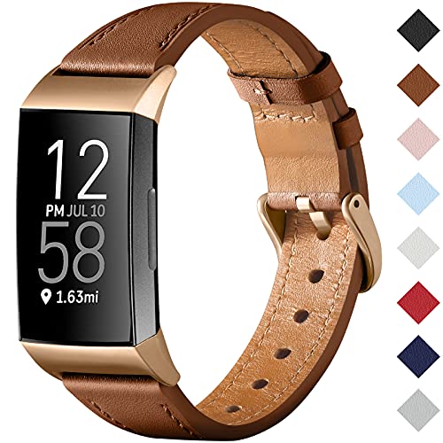 CeMiKa Armband Kompatibel mit Fitbit Charge 3/4 - Lederersatzband für Charge 3 und 4 Tracker Braun/Roségold