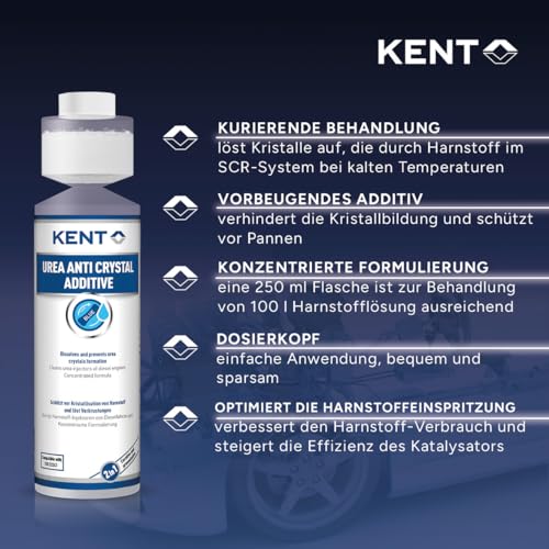 KENT Urea Anti Crystal Additive - Additiv, Adblue® Systemreiniger, verhindert die Kristallbildung im Harnstoff, reinigt insbesondere den Harnstofftank & die Harnstoff-Einspritzdüsen - 250 ml Flasche