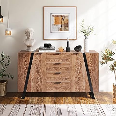 Merax Sideboard Wohnzimmer Hohe Kapazität, Moderne Kommode Beistellschrank mit 2 Türen 4 Schubladen 6 Griffen Cover