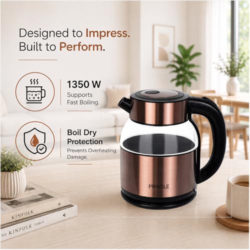 Image of Pringle Vogue 1.8L Electric Glass Kettle 1350W | Double Fada Controller | Double Layer Cool Touch Design | Auto Shut-Off & Boil Dry Protection | Fast Boiling | 1 Yr Warranty | Copper