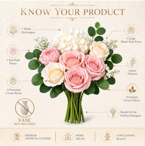 Image of Divyakosh Artificial Flowers Bunch (Vase Not Included). Artificial Flower for Vase, Flower Bouquet Gift, Pink Rose Peony Hydrangea Arrangement for Living Room Office Dining Table Centerpiece