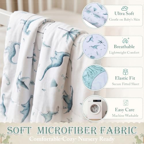 Image of Hahafelt 4 Pieces Crib Bedding Set for Girls and Boys, Soft Baby Bedding Set Including Crib Skirt, Comforter, Sheet and Diaper Stacker for Nursery (Dinosaur Theme)