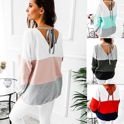 Winter new casual contrasting color patchwork hoodie round neck long sleeved loose pullover top(Lake Blue,S)2
