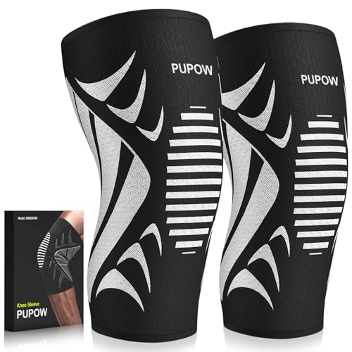 PUPOW Kniebandage, 2 Pack Kniebandage Männer und Damen, Bandage Knie für Meniskusriss, Arthritis, Gelenkschmerzlinderung, ACL, Laufen, Gewichtheben, Volleyball, Fußball（M: 35-41CM）