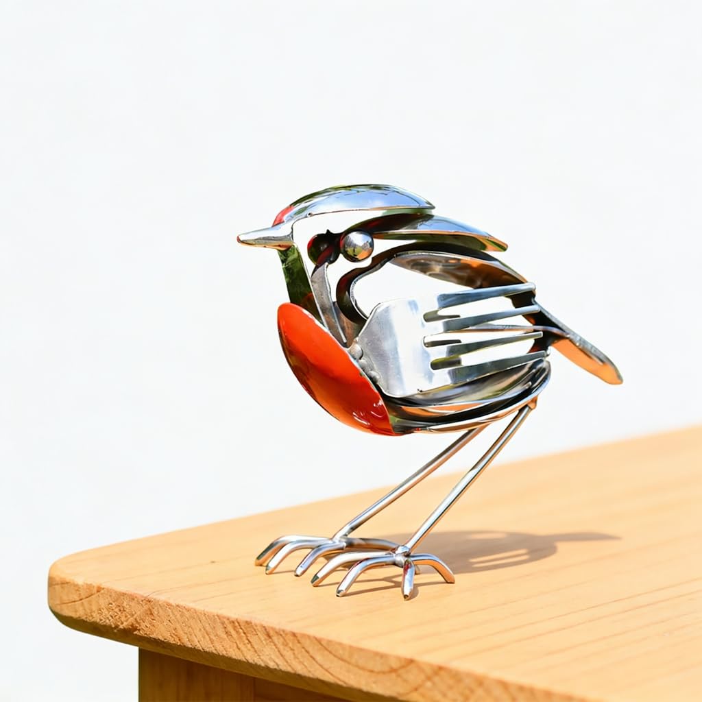 VKCMNWE Metal Robin,Metal Robin Garden Ornament,Recycled Fork & Spoon Robins Figurine,Garden Outdoor Statues,Robins Scrap Art Sculpture,Yard Decor Scrap Art Decor Rustic,Gift for Bird Lovers