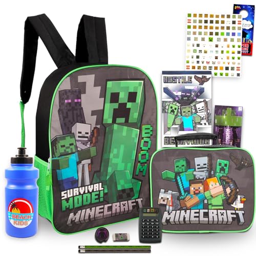 Minecraft Conjunto de mochila e lancheira – Pacote com mochila Minecraft e lancheira, garrafa de água, adesivos e muito mais | Material escolar para crianças
