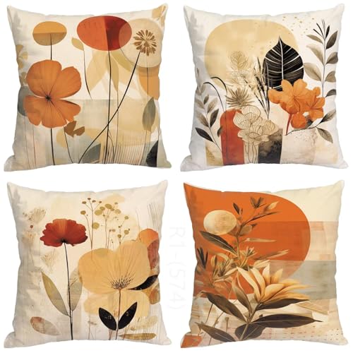 Funda Cojin 45x45, Cojines Caqui Juego de 4 Fundas Cojin Hojas Exterior Cojines Decorativos Cuadrada, con Cremallera Invisible Funda de Almohada Sofa para Sala de Estar Jardín Coche Almohada H2-574
