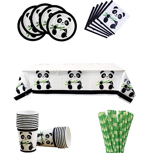 Suministros de fiesta de panda, juego de vajilla desechable de panda de 66 piezas con platos de panda, vasos, servilletas, popotes, mantel para niños, baby shower, decoraciones de cumpleaños