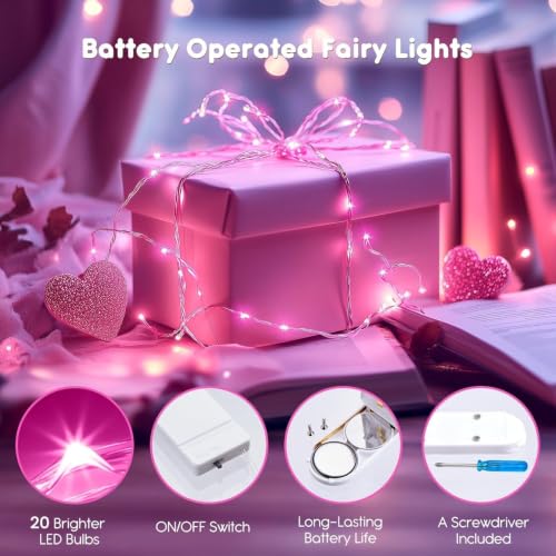 Image of Brightown Valentine's Day 12 Pack Pink Led Fairy Lights Battery Operated String Lights Waterproof Silver Wire 7 Feet 20 Led Firefly Starry Moon Lights for DIY Wedding Party Bedroom