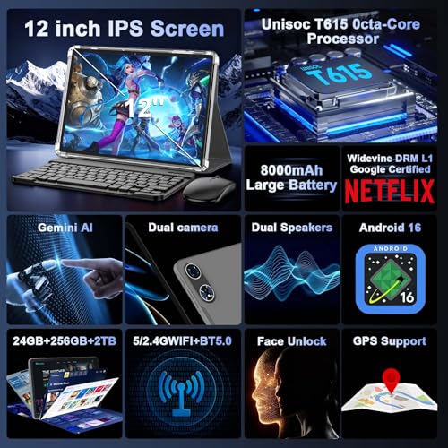 Image of Upgraded 12 Inch Tablet, Android 16 Tablet with Keyboard Bundle, 24GB+256GB+2TB Expand, 2K Gemini AI Tablets PC with Octa-Core, 8000mAh, 16+8MP, 2 in 1 Large Tablets with Case, Mouse, Stylus (Silver)