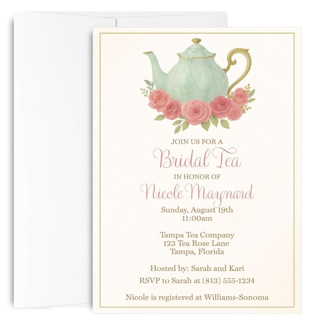 Tea Party Bridal Shower Invitations English Themed Customizable Invites with Envelopes | Set of 12