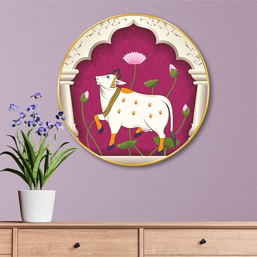 Image of SAF Kamdhenu Cow Round Wall Painting - Sacred Indian Art with Lotus Motifs and Temple Arch | Traditional Hindu Religious Wall Decor for Pooja Room, Living Room, Home, Office (23 X 23 Inch) GR-278