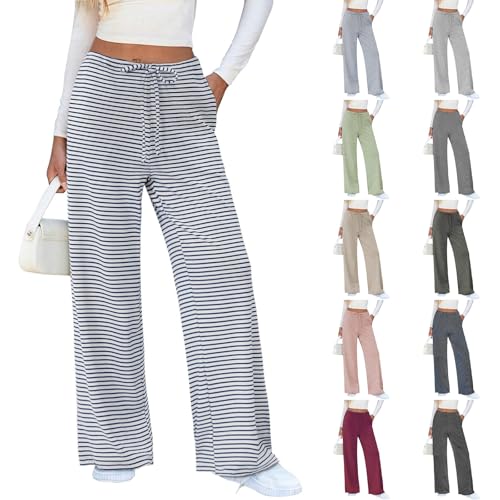 Women's Striped Wide Leg Pants Casual Elastic High Waist Drawstring Pants Loose Fit Solid Color Trousers with Pockets