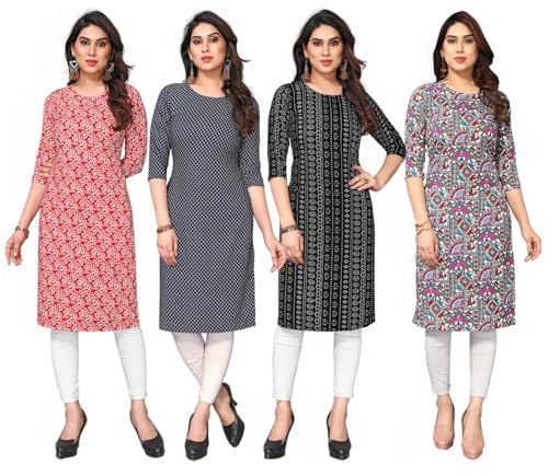 Image of JAKHANA Women's Crepe Printed Casual Straight Calf Length Round Nick Kurta Pack of 4