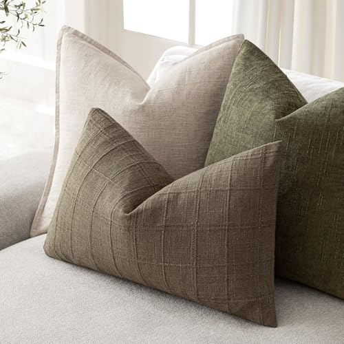 Image of Foindtower Set of 2 Decorative Linen Check Throw Pillow Covers Neutral Farmhouse Lumbar Cushion Covers Modern Boho Home Decor for Sofa Chair Couch Bedroom Living Room,12x20 Inch,Light Brown