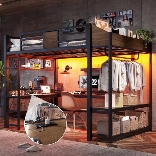Image of Bellemave Full Size Metal Loft Bed with L-Shaped Desk, LED Lights & Charging Station, Heavy Duty Loft Bed Frame with Hanging Rod and Storage Shelves for Kids, Teens & Adults, Space Saving,Black