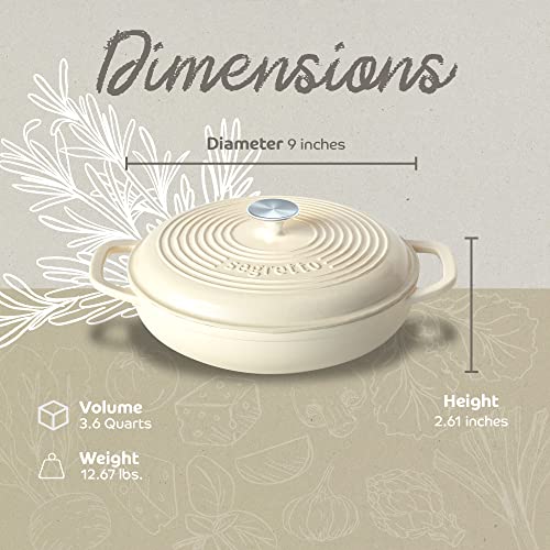 Segretto Cookware 3.6 Qt Braiser Enameled Cast Iron Casserole Pan With Cover, Bianco Perla (Off-White) Cast Iron Braiser Pan With Lid, Lasagna Pan Enamel Cast Iron Skillet With Lid Cookware #TOP1