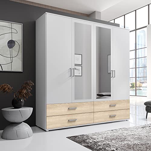 IVAR Kleiderschrank mit Spiegeln und Schubladen - Vielseitiger Drehtürenschrank 4-türig in Weiß, Eiche Sonoma Optik - 180 x 190 x 51 cm (B/H/T)