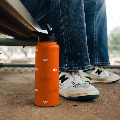 Image of Logo Brands NCAA Oklahoma State Cowboys Step & Repeat 34 oz Stainless Steel Quencher Bottle - All Over Logo Design, No-Spill Lid, Easy Carry Handle - Keeps Drinks Cold For Hours