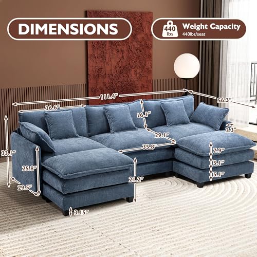 Image of Ihanherry 111.4 inch U Shaped Modern Sofa Modular Sectional Cloud Couch with 2 Ottoman, 5-Seat Chenille Deep Seat Sofa with Pillow for Living Room, Bedroom and Apartment, Blue