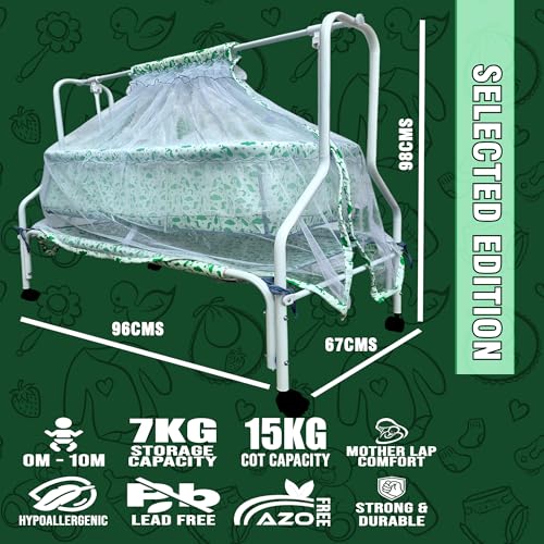 Image of Kiddery Auri | Cradle for Baby | New Improved Mattress Design | Mosquito Protection Net | Smooth Swing | All Wheel Lock | Palna | Jhula | Uyyala | 0-10 Months | Green